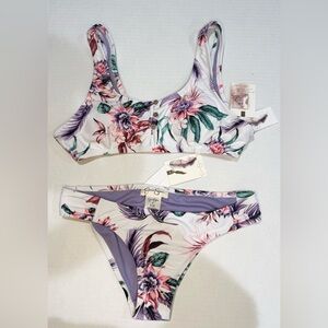 Jessica Simpson White Purple Floral Button Bralette Bikini Set Top M Bottom S